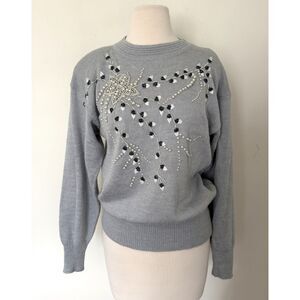 80s Vintage Gray Fuzzy Beaded Pearl Sequin Starburst Shoulder Pad Knit Sweater S